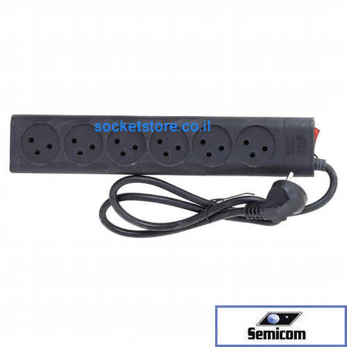 רב שקע שישייה שחור עם מפסק וכבל 1 מטר Semicom