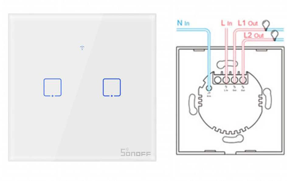 מפסק מרובע מגע כפול Sonoff WiFi & RF דגם T1EU2C 