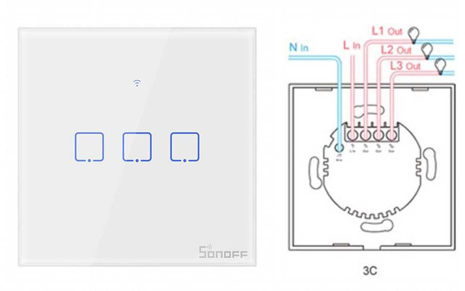 מפסק מרובע מגע שלישייה Sonoff WiFi & RF דגם T1EU3C 