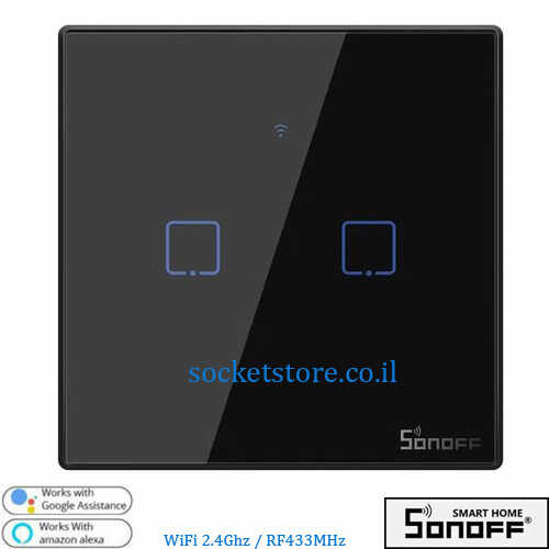 מפסק מרובע מגע כפול שחור Sonoff Wifi & RF דגם T3EU